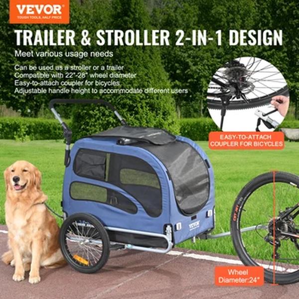 Vevor-Dog Bike Trailer, 2 em 1 carrinho de estimação, carrinho dobrável, refletores, acoplador de bicicleta, transportadora para cães de estimação