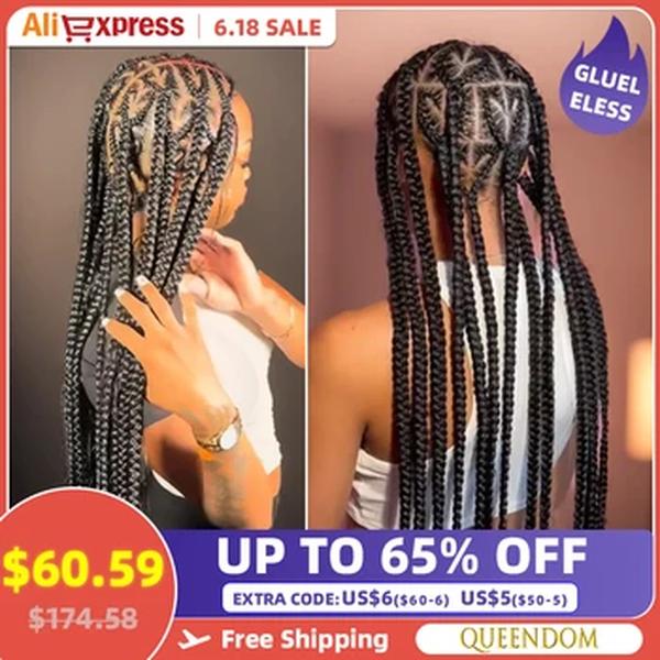 Queendom-Knotless Full Lace Trança Peruca para Mulheres, Jumbo Sintético, Coração Trançado, Cornrow Plait, Afro, 36"