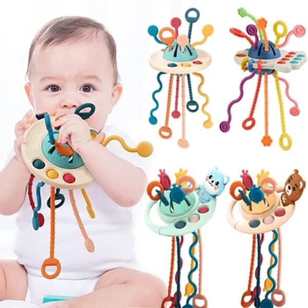 Desenvolvimento De Silicone Chocalho Teether Brinquedos, Montessori, Puxar Cordas Jogos, 1 Ano Brinquedos De Dentição Para Bebês, 6 12 Meses