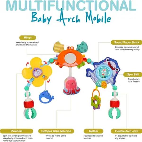 Montessori arco do bebê do brinquedo para recém-nascidos, atividade sensorial, carrinho de bebê do brinquedo para cama berço, assento seguro pendurado chocalhos, conforto brinquedos