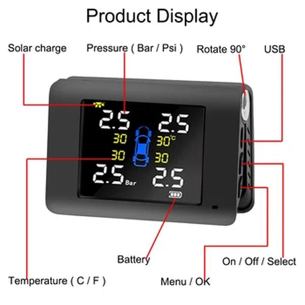 Dobrável Monitor Solar TPMS Sistema Monitoramento Pressão Pneus Ferramentas Diagnóstico Pneus Teste Sensores Tester Acessórios Automotivos