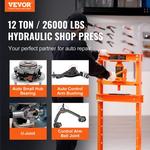 VEVOR-Prensa Hidráulica de Piso de Garagem H-Frame, Prensa de Loja Ajustável com Placas, Laranja para Garagens ou Lojas Profissionais, 6T, 12 T, 6T, 12 T