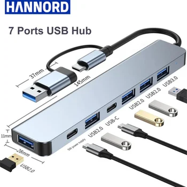 Hannord-Multiport Dock Station, USB C Hub, Multi Adaptador para Laptop, Acessórios de Computador, USB 3.0, PD, 5W, 7 em 1