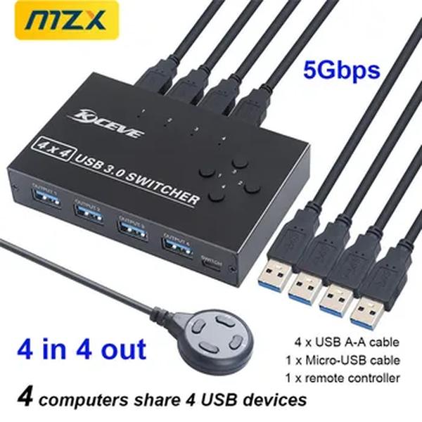 MZX KM Switch Selector, USB 3.0 Hub, 3 0 Switcher, 4 Computador, Laptop, PC, Desktop, Acessórios Splitter, KVM para Teclado, Mouse, U Disk