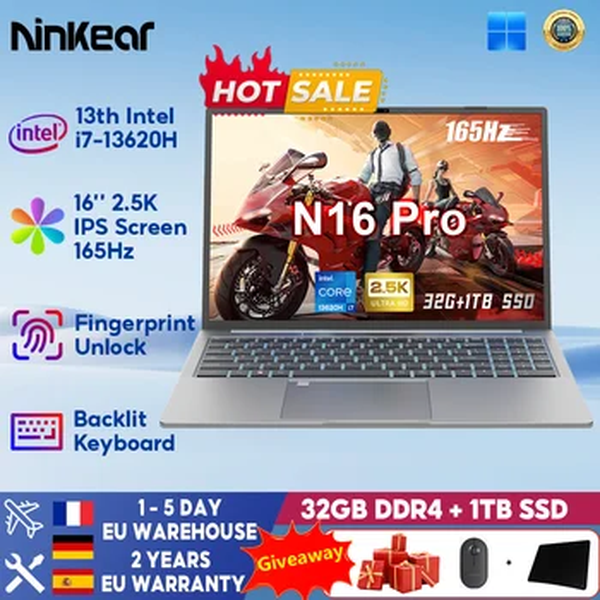 Ninkear-Laptop para jogos com Intel Core i7-13620H, N16 Pro, 16 polegadas, 2,5 K, tela 165Hz, 32GB DDR4, 1TB, SSD, WiFi 6, Intel UHD Graphics