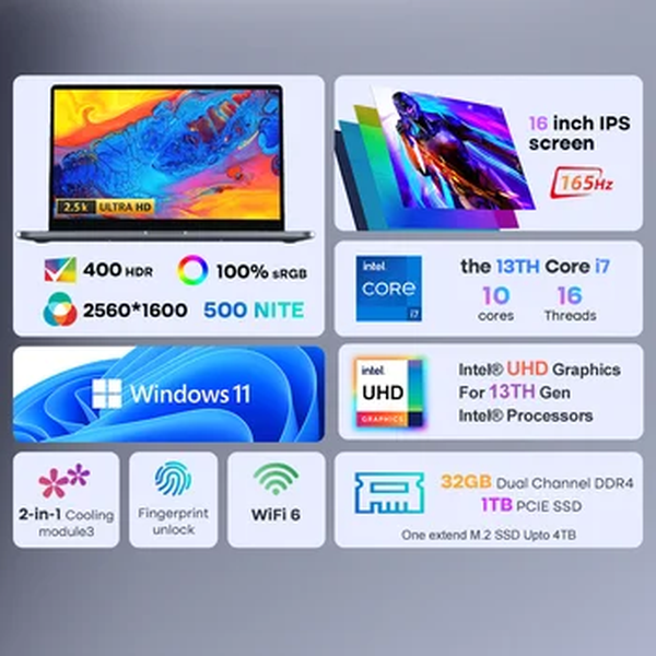 Ninkear-Windows 11 Gaming Office Computer, N16 Pro Laptop, Intel Core i7-13620H, WiFi 6, 2.5K, 165Hz, 32GB + 1TB SSD