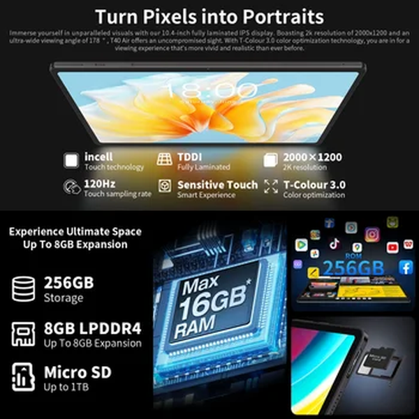 TECLAST T40 Air Android 13 Tablet, 10 4 ", 2K FHD 2000x1200, 8GB + 8GB Max Unisoc-T616 Carga Rápida Dual SIM, 16 GB RAM, 256GB ROM, 7200mAh, núcleo 8, 4G LTE, WiFi, 13MP + 8MP, GPS