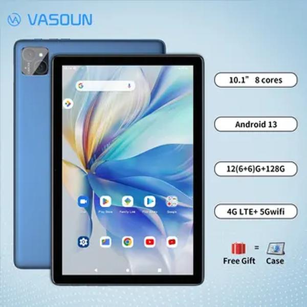 VASOUN Android 13 Tablet 10.1 ", 12GB(6 + 6 Expandir) RAM, 128GB ROM, Octa Core, Dual SIM 4G desbloqueado com 2.4G/5G WiFi GPS