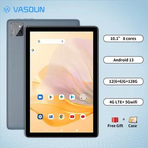 VASOUN Android 13 Tablet 10.1 ", 12GB(6 + 6 Expandir) RAM, 128GB ROM, Octa Core, Dual SIM 4G desbloqueado com 2.4G/5G WiFi GPS