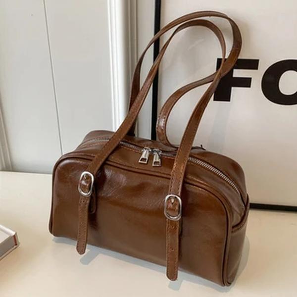 Bolsa de ombro feminina de couro PU, travesseiro feminino Boston Texture Bolsa casual de axilas, qualidade francesa, monocromática, luxo