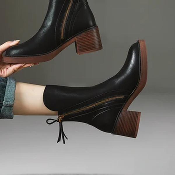 Botas de calcanhar robusto para mulheres, couro, curto, dedo do pé redondo, zíper, plataforma, sapatos femininos, outono, inverno, 2023