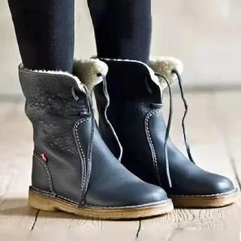 Botas de neve forradas a lã para mulheres, cabeça redonda, botas curtas, calçado de meia, calçado casual, inverno, novo, 2023
