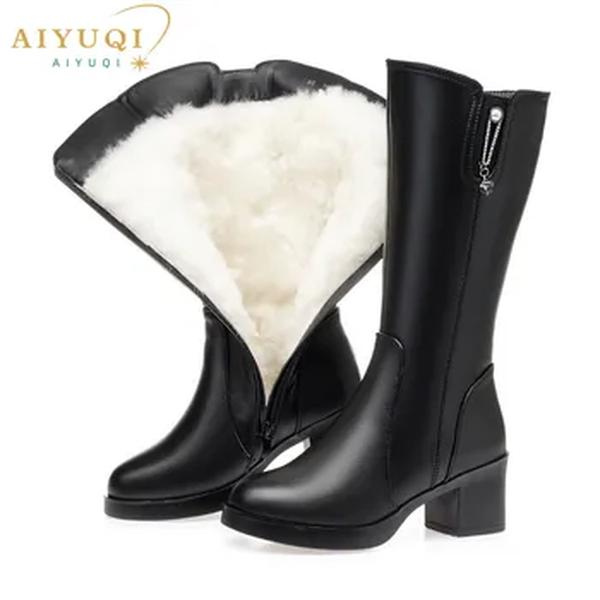 AIYUQI-Botas de equitação de couro genuíno feminino, Wram de lã, botas longas, tamanho grande 42 43, novo, Inverno 2022