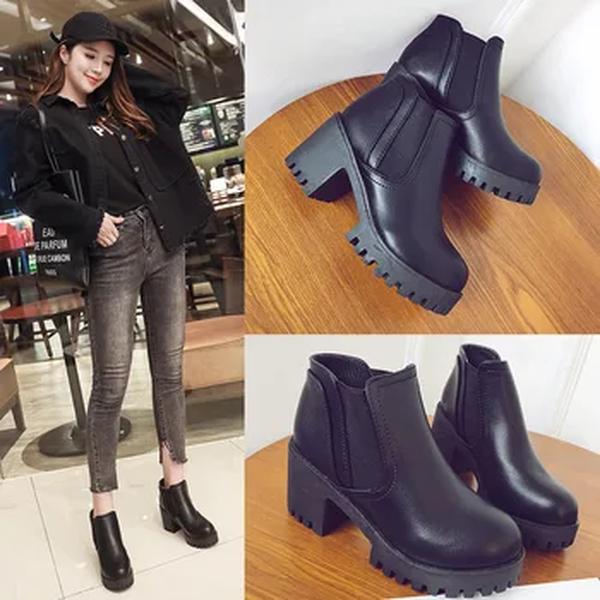 PU Leather Plush Ankle Boots para Mulheres, Chunky Booties, Sapatos de Plataforma Pretos, Moda Feminina, Outono, Inverno, M11-47