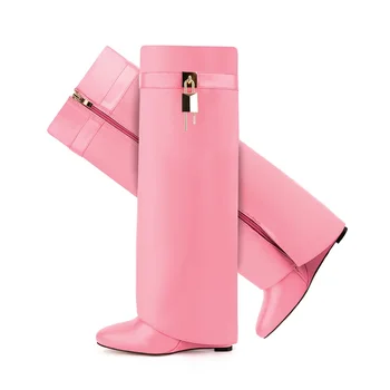 Botas com zíper até o joelho para mulheres, solas grossas sapatos, bloqueio de tubarão, salto alto, marca de moda nova