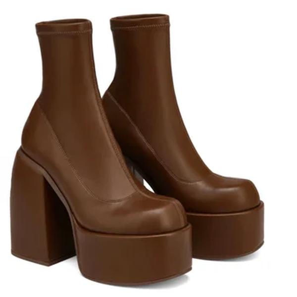 Botas modernas com saltos de plataforma para mulheres, Bota de couro redondo, Saltos volumosos com zíper, Sapatos de salto de bloco para meninas, Sapato casual