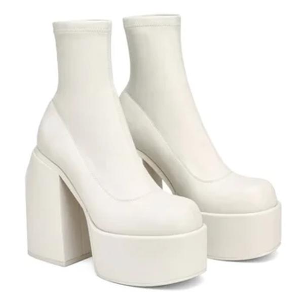Botas modernas com saltos de plataforma para mulheres, Bota de couro redondo, Saltos volumosos com zíper, Sapatos de salto de bloco para meninas, Sapato casual