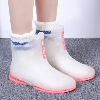 Botas de chuva transparentes para mulheres, resistente ao desgaste ao ar livre, sapatos impermeáveis para senhora, moda feminina, verão, novo