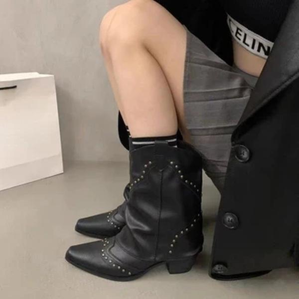 Botas góticas de bezerro médio com rebite feminino, salto grosso retrô, sapato de cowboy ocidental, dedo do pé baixo, rock, novo, outono, inverno, 2023
