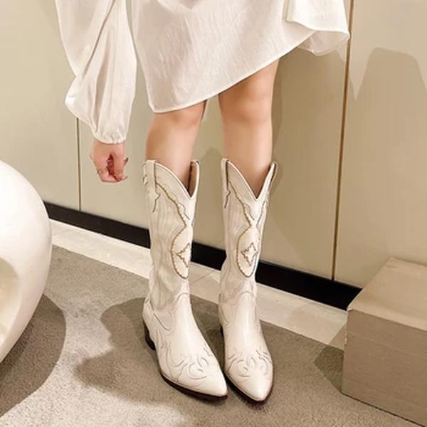 Botas das mulheres Retro Outono Inverno Branco Joelho Botas Altas Tamanho Grande 41 Mulheres Caminhada Confortável Feminino Ocidental Bota Cowboy das Mulheres sapatos