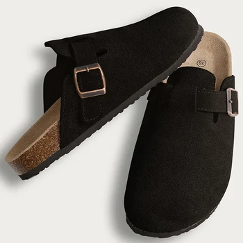 Tamancos de pala de cortiça comwarm para mulheres e homens, mulas de couro, sapatos de batata confortáveis com apoio do arco, slides planos internos e externos, moda
