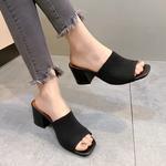 Sandália feminina de salto alto flyknit, salto grosso respirável, chinelos de dedo aberto, tamanho grande, nova moda, verão, 2024