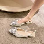 Bege Salto Sandálias claras sapatos 2023 Preto Rhinestone Médio Apontou Fechado Nova Primavera Gladiador Bloco Meninas das mulheres