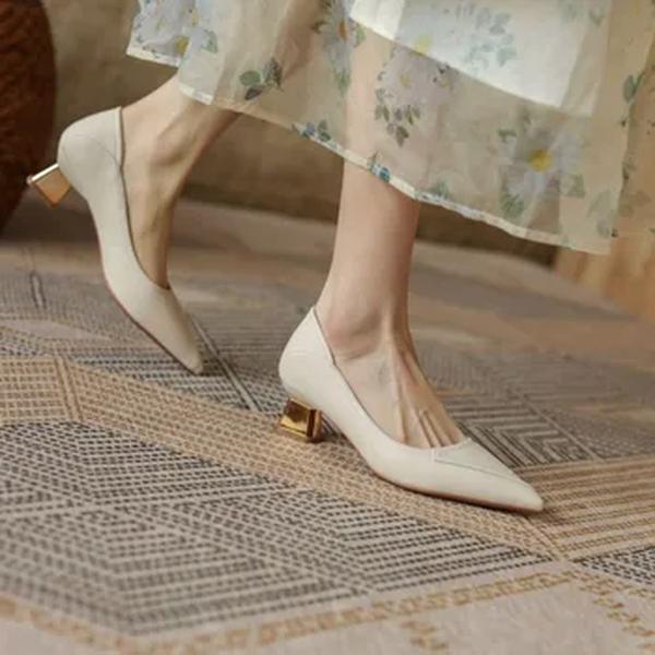 Sapatos de dedo apontado com salto médio para mulheres, salto de bloco, bege, estilo coreano, formal, sexy, primavera, mais recente, E, quadrado, primavera
