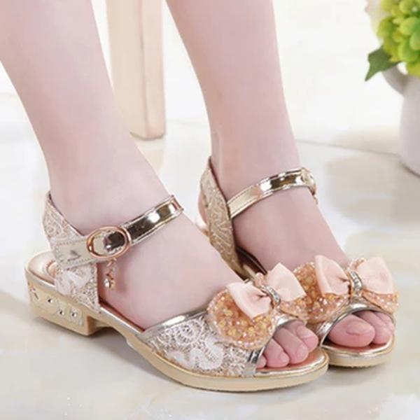 Salto baixo de lantejoulas feminino, sandália infantil princesa, sapato antiderrapante, laço, sandália de praia infantil, moda casual, versátil, verão