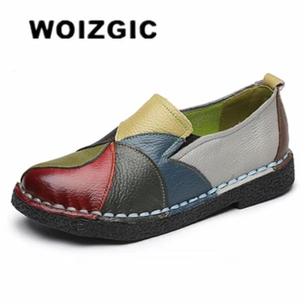 WOIZGIC-Mocassins de couro genuíno para mulheres, mocassins coloridos mistos para senhoras, sapatos femininos para mães, antiderrapantes em apartamentos, plus size 42