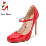 Bombas de fivela de couro PU para mulheres, dedo redondo, salto agulha, sapatos de festa, senhora do escritório, preto, tamanho grande, primavera, outono, 12cm