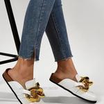 Fivela de metal corrediças de corrente de ouro para mulheres, sandálias planas redondas, slingback sólido, slip on, mulas retrô patchwork, verão casual
