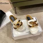 Fivela de metal corrediças de corrente de ouro para mulheres, sandálias planas redondas, slingback sólido, slip on, mulas retrô patchwork, verão casual