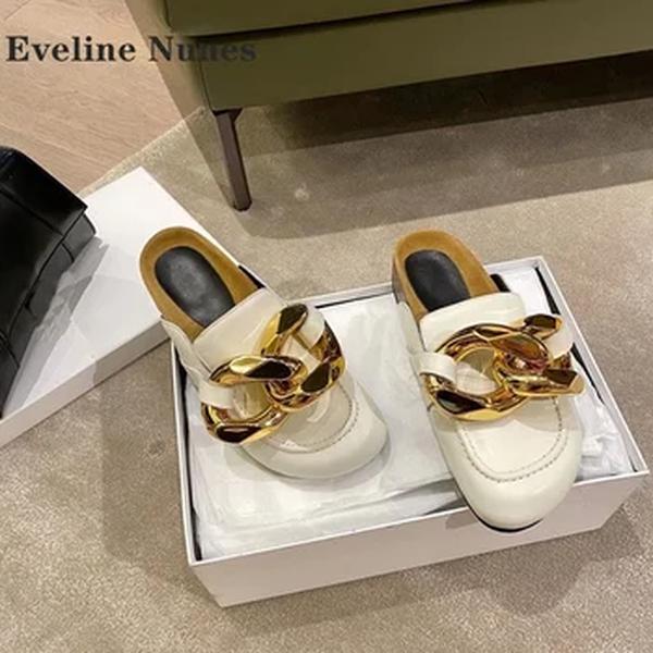 Fivela de metal corrediças de corrente de ouro para mulheres, sandálias planas redondas, slingback sólido, slip on, mulas retrô patchwork, verão casual