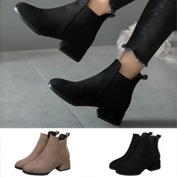 Botas flocadas antiderrapantes para mulheres, botas de plataforma, salto quadrado, cabeça redonda, monocromática, preto, tamanho 35-43, moda, outono, inverno