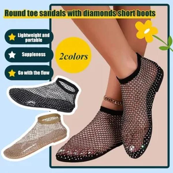 Sandálias sexy de toe redondo para mulheres, diamantes planos, oco, botas curtas, verão