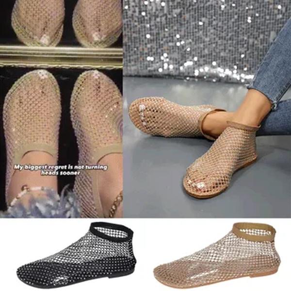 Sandálias sexy de toe redondo para mulheres, diamantes planos, oco, botas curtas, verão