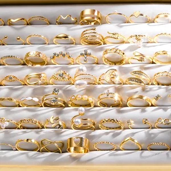 Conjunto de anéis geométricos de brilho largo para meninas e mulheres, estilo metal, joias da moda, presente versátil, moda casual e diária, 66 peças