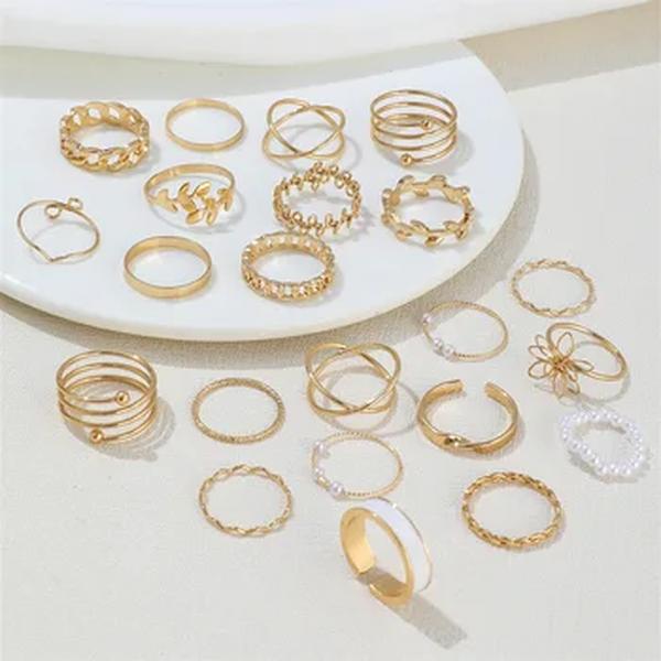 Conjunto de Anéis Geométricos Boho para Mulheres, Pérola Artificial, Cor Dourada e Prateada, Anel de Dedo Feminino, Acessórios para Jóias de Festa