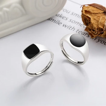 925 anéis de prata esterlina para homens e mulheres, preto redondo e quadrado, par anel de dedo, designer de jóias, casamento, amor, novo