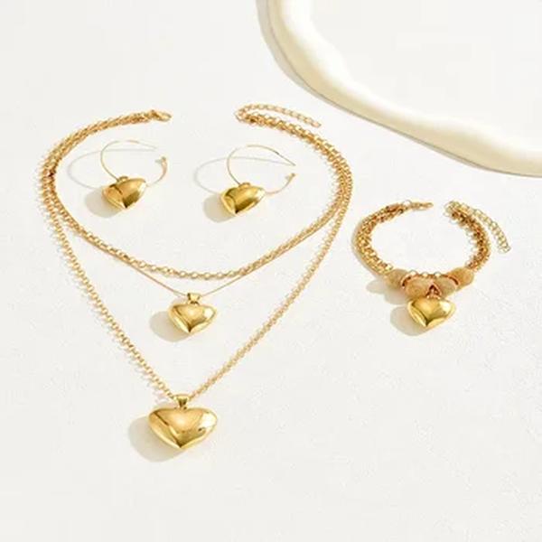 Cor do ouro Conjuntos de Jóias Dupla Cadeia para Mulheres, Solide Pingente De Coração, Colar Brincos, Pulseiras, Presente De Casamento, 3Pcs