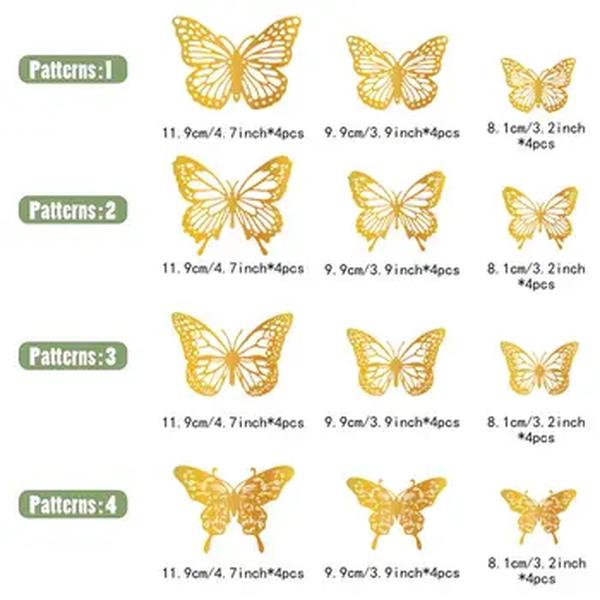 3D Butterfly Wall Decor para Quarto, Decorações de Ouro, Birthday Party, Decorações de Bolo, 4 Estilos, 3 Tamanhos, 48Pcs