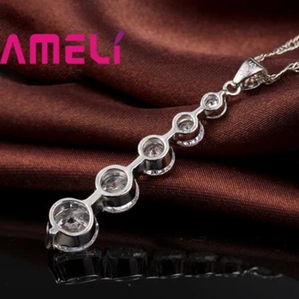 925 Sterling Silver Brincos Longos e Colares Conjunto para Mulheres, Jóias De Casamento, Cor De Cristal, Pingentes