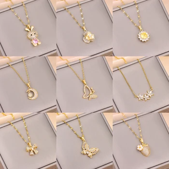 18k banhado a ouro zircão cristal pingente colar para mulheres, feminino clavícula cadeia, jóias de aço inoxidável, senhora acessórios, moda