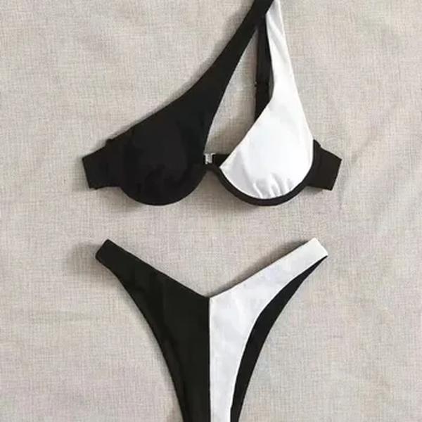 Biquíni Tanga Brasileiro, Push Up, Monocromático, Patchwork, Underwire, Um Ombro, Cortar, Moda Praia, Roupa de Banho, Luxo, 2 Peças, 2024