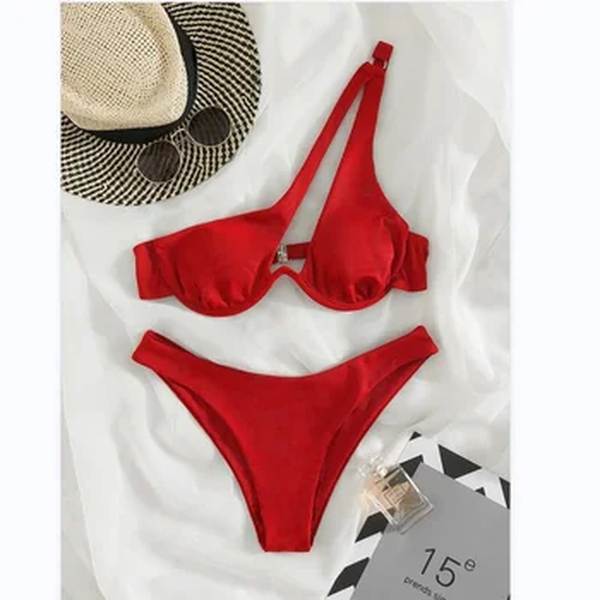 Biquíni Tanga Brasileiro, Push Up, Monocromático, Patchwork, Underwire, Um Ombro, Cortar, Moda Praia, Roupa de Banho, Luxo, 2 Peças, 2024