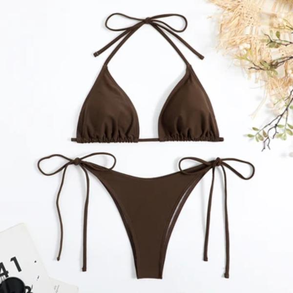 Conjunto de biquíni tanga monocromático feminino, maiô de gravata Halter lateral, alça dividida feminina, moda praia brasileira ajustável, sexy