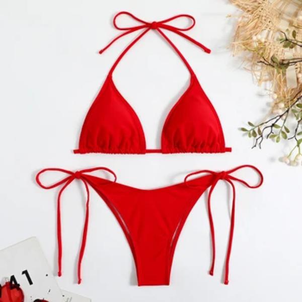 Conjunto de biquíni tanga monocromático feminino, maiô de gravata Halter lateral, alça dividida feminina, moda praia brasileira ajustável, sexy
