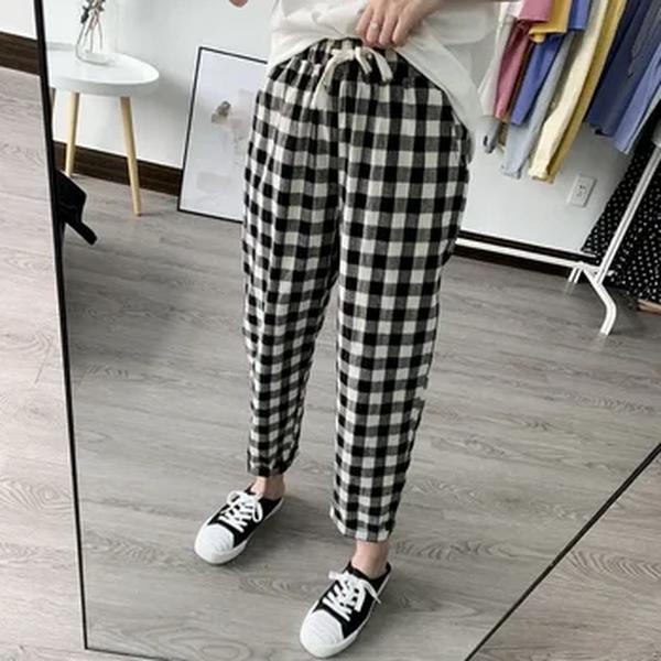 Calça harém xadrez feminina solta casual, calça de linho de algodão, cintura de cordão, tamanho grande, primavera e verão 2024