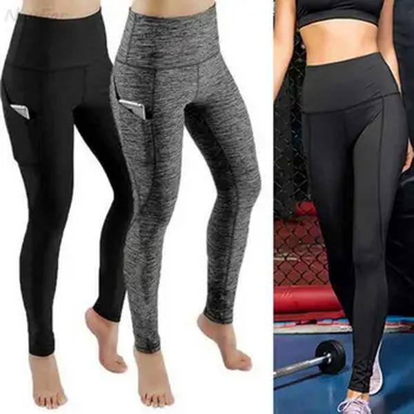 Alta cintura elástica Yoga Leggings para mulheres, controle de barriga, Ruched Booty Pants com bolso, calças justas de compressão sem costura